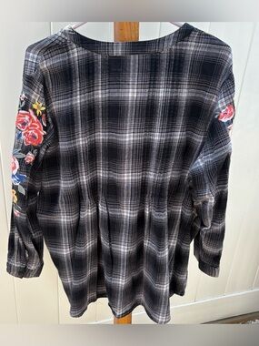 Woman Within Pintucked Plaid Floral Embroidered Flannel Button Down Tunic 1X